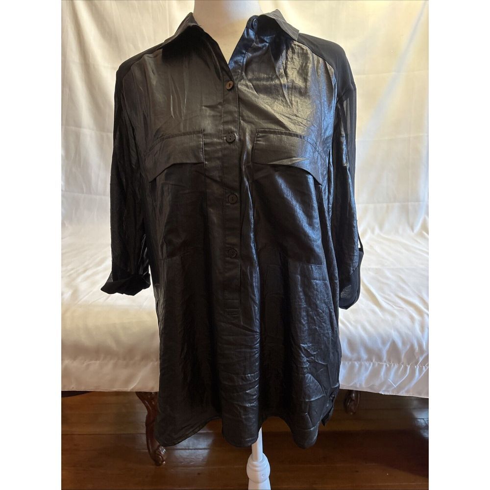 7 For All Mankind Black Silk Button Up Top Sz‎ M W/sheer Sleeves And Shoulders